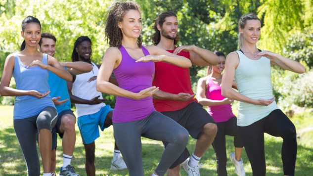 miling and relaxed, symbolizing the cognitive and emotional benefits of light exercise in a serene environment.